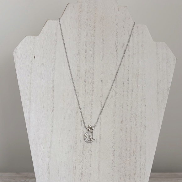 Silver Crescent Moon Stainless Steel with cubic zirconia Necklace - Picture 2 of 6